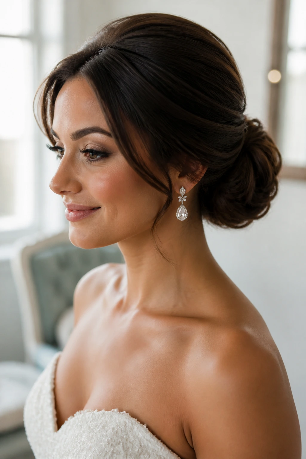 Bride with a low puff bun and crown-like volume on top.