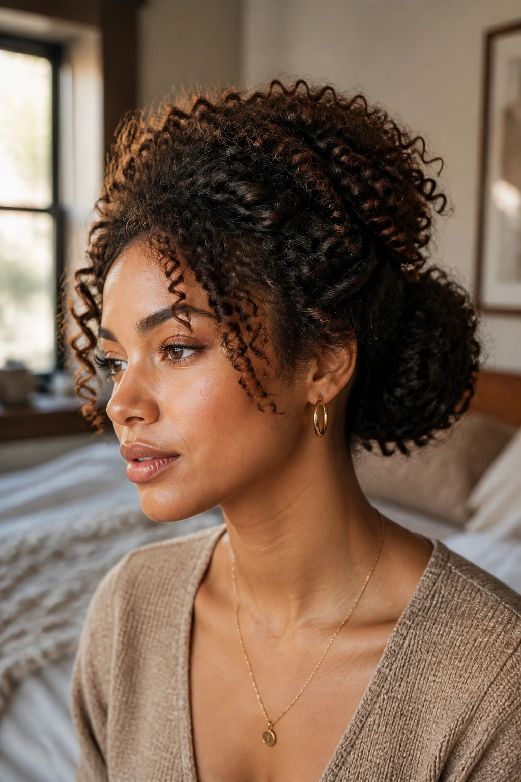 Close-up of a woman with a low puff-back bun showing stacked volume at back of head.