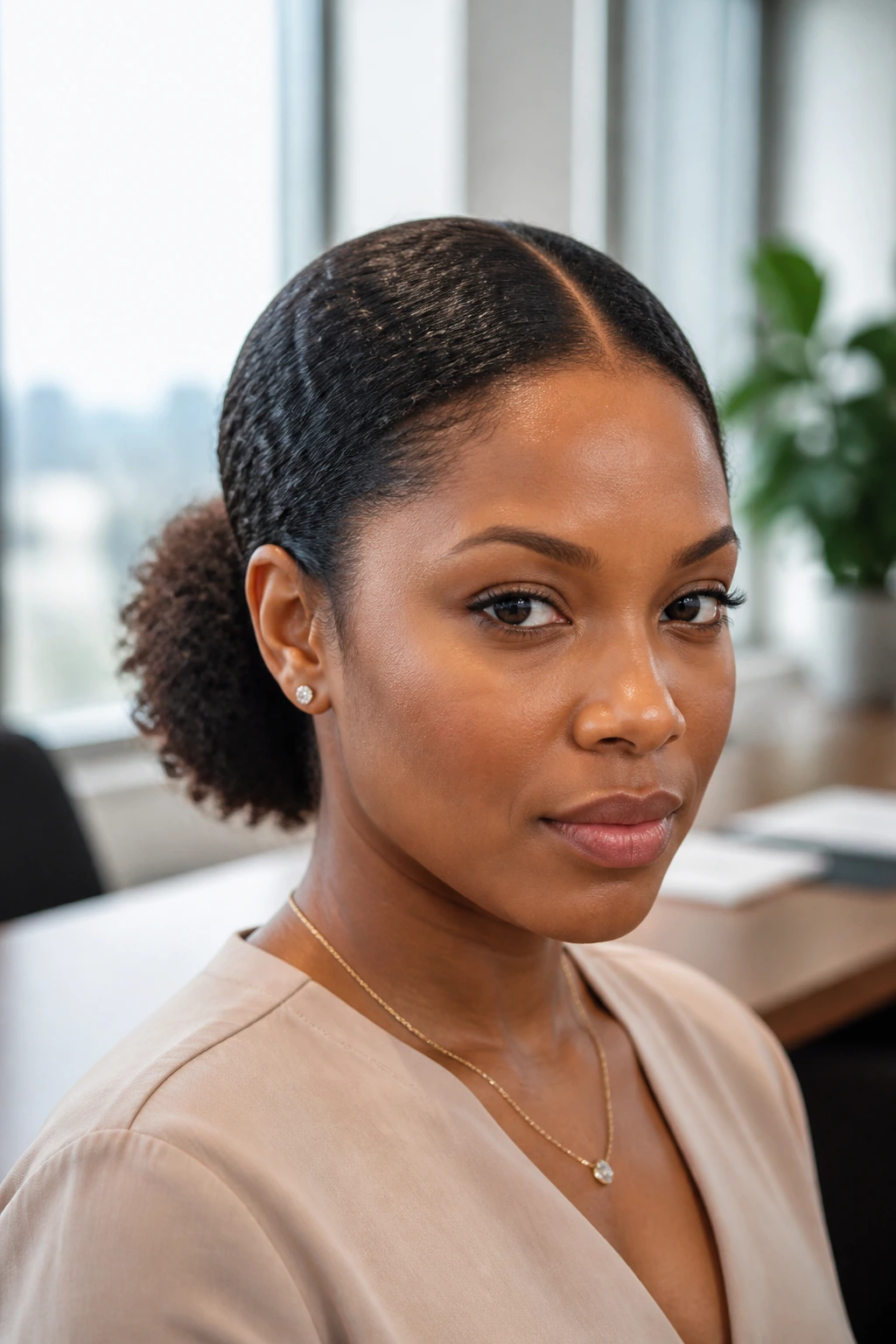 Real woman with low puff and center part