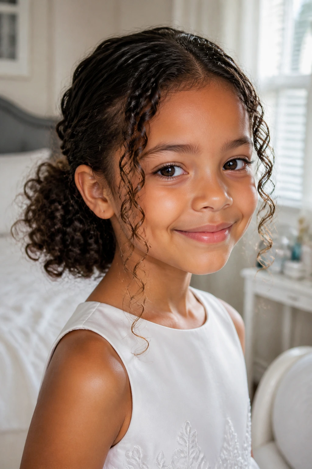 Close-up of a child's low puff hairstyle with visible curls