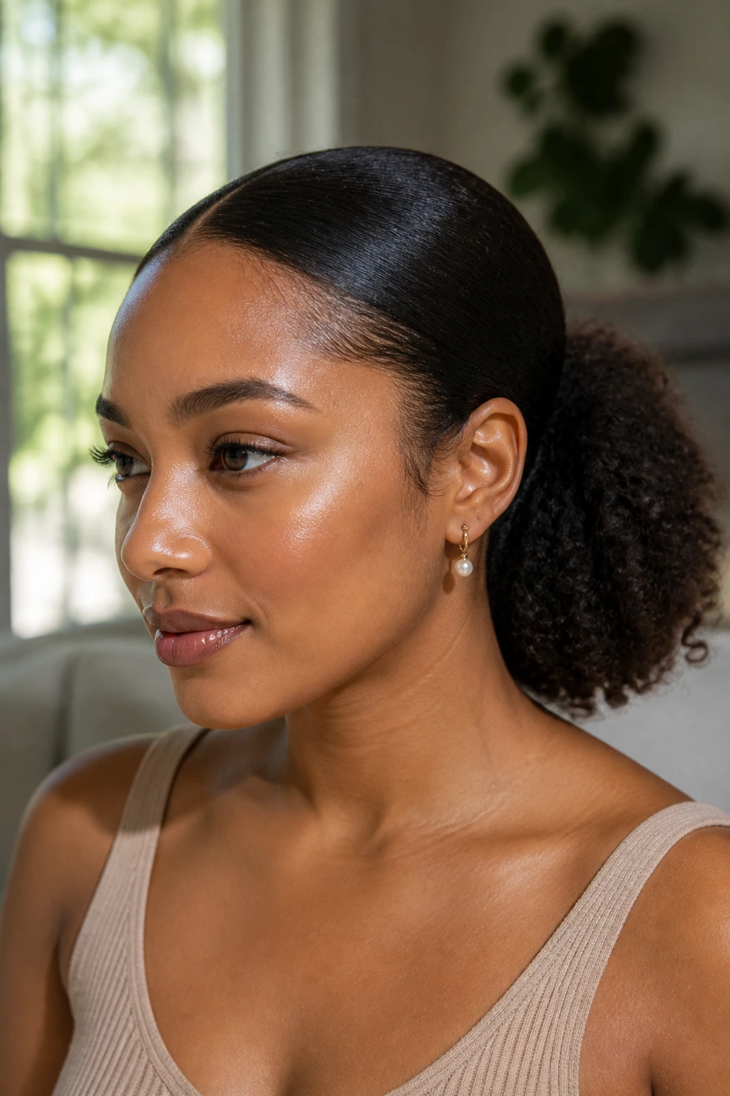 Real woman with polished front sections and a low puff in shoulder-length curls.