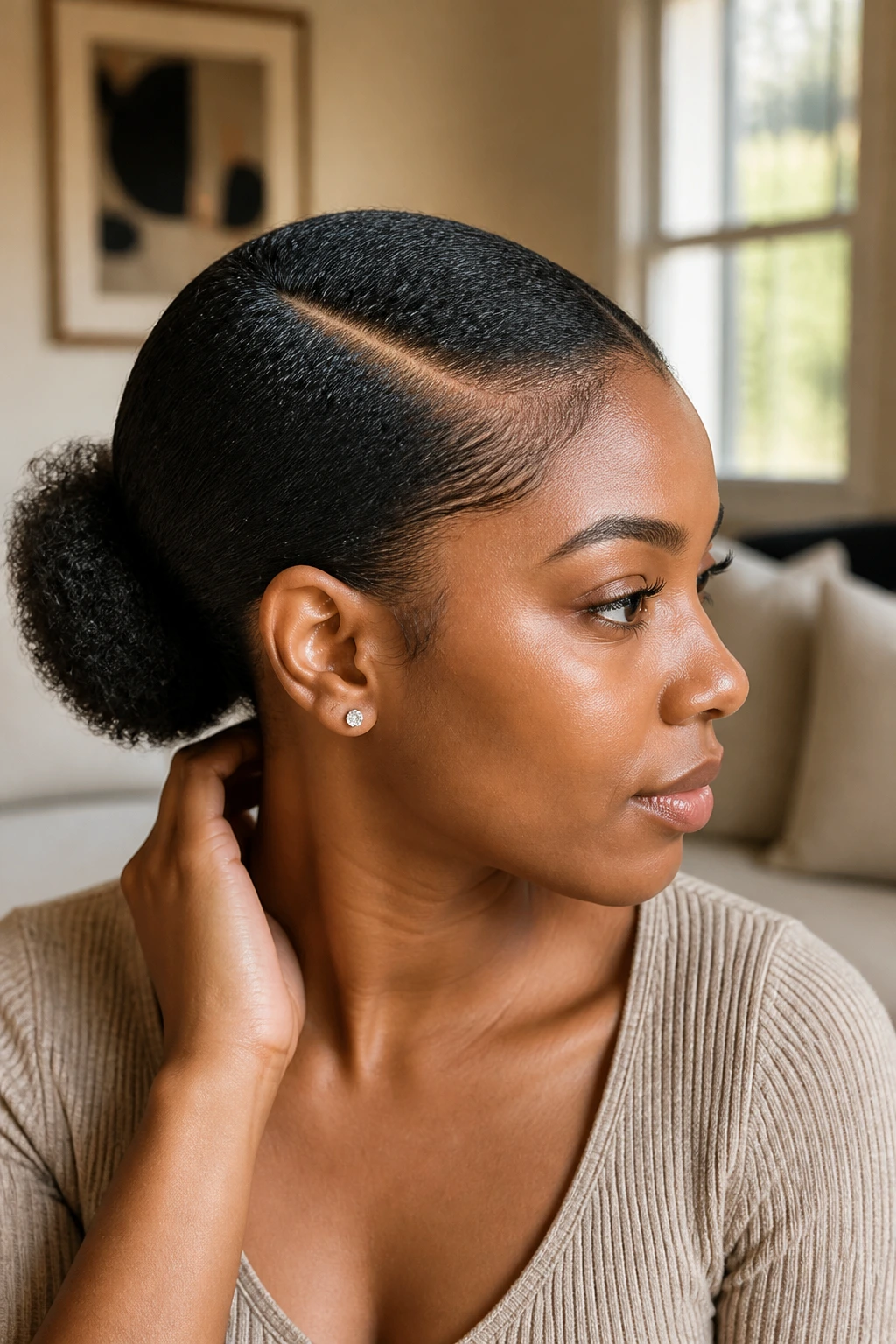 Close-up of a real person with a low puff at the nape and a deep part