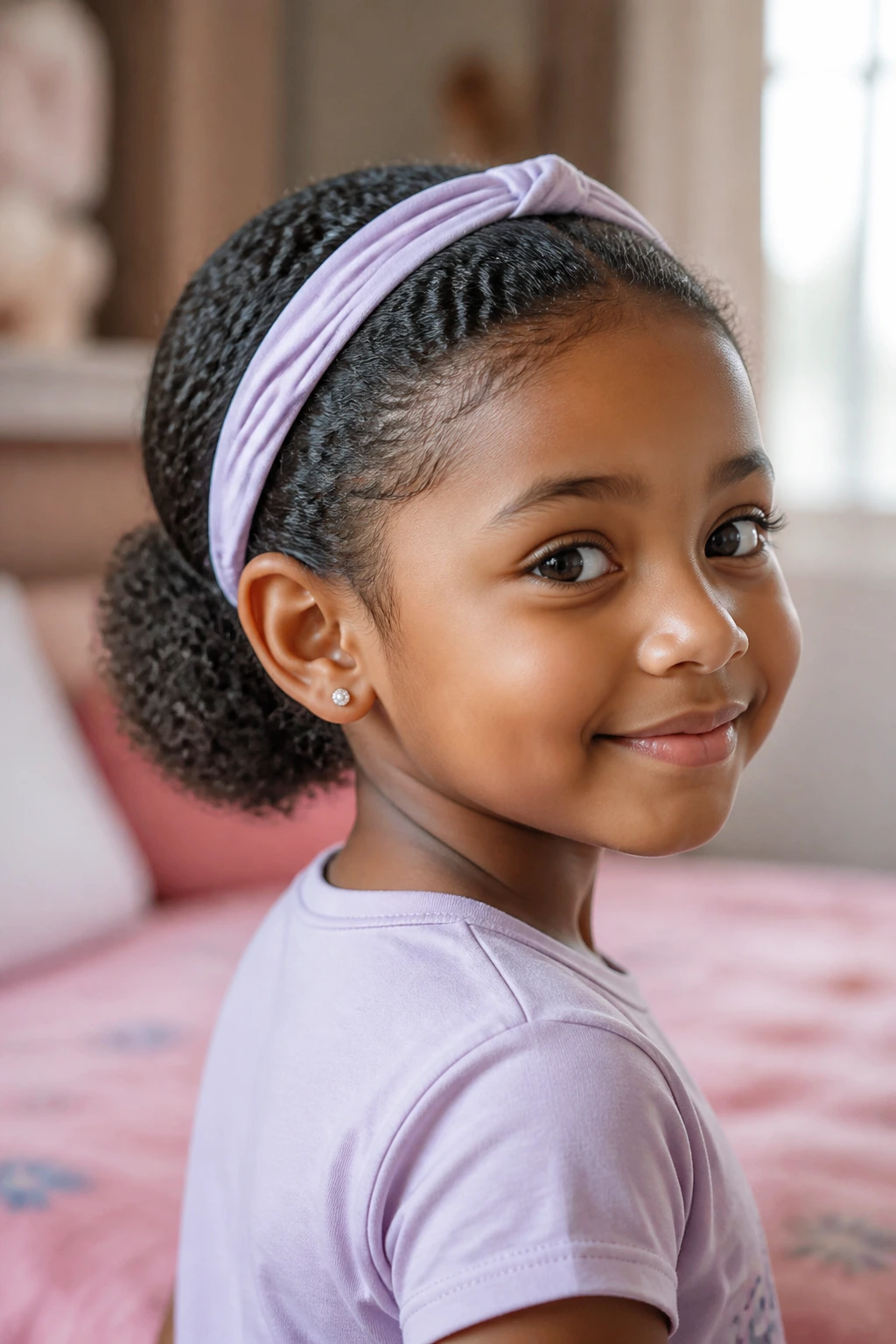 Close-up of a low puff hairstyle with headband tuck on a child