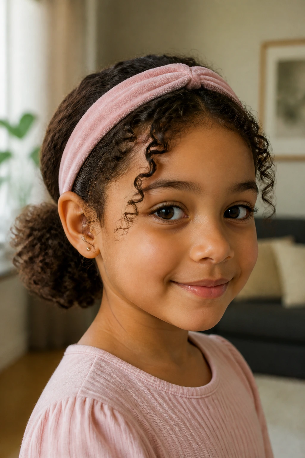 Girl with low puff and fabric headband in sunlit room