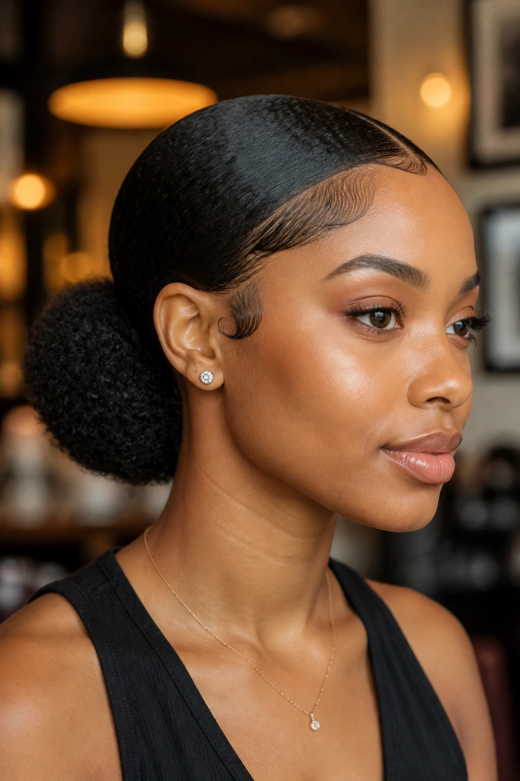 Close-up of a real woman with low puff and laid edges in cafe light
