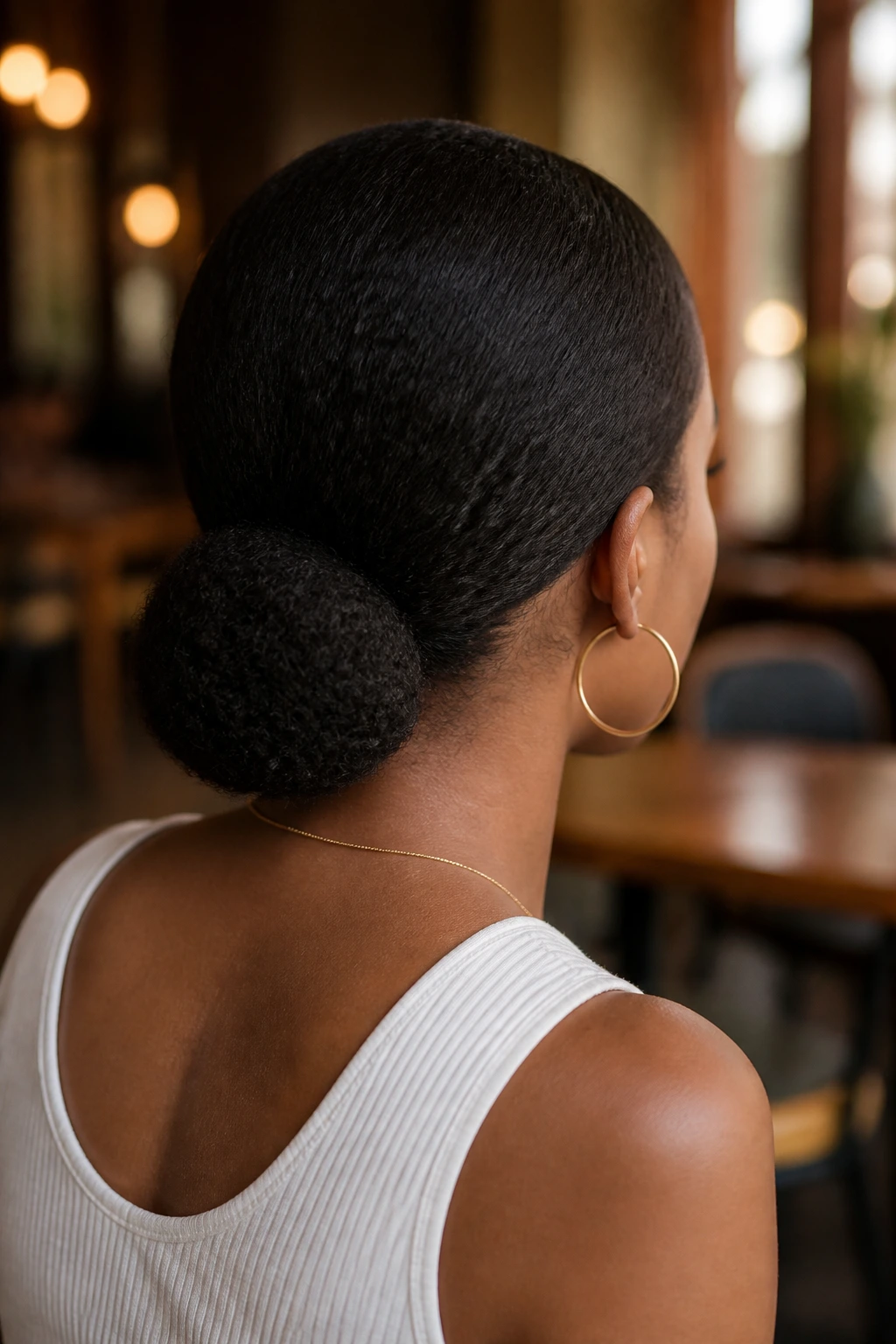 Back-of-head portrait of a real woman with a low puff at the nape.