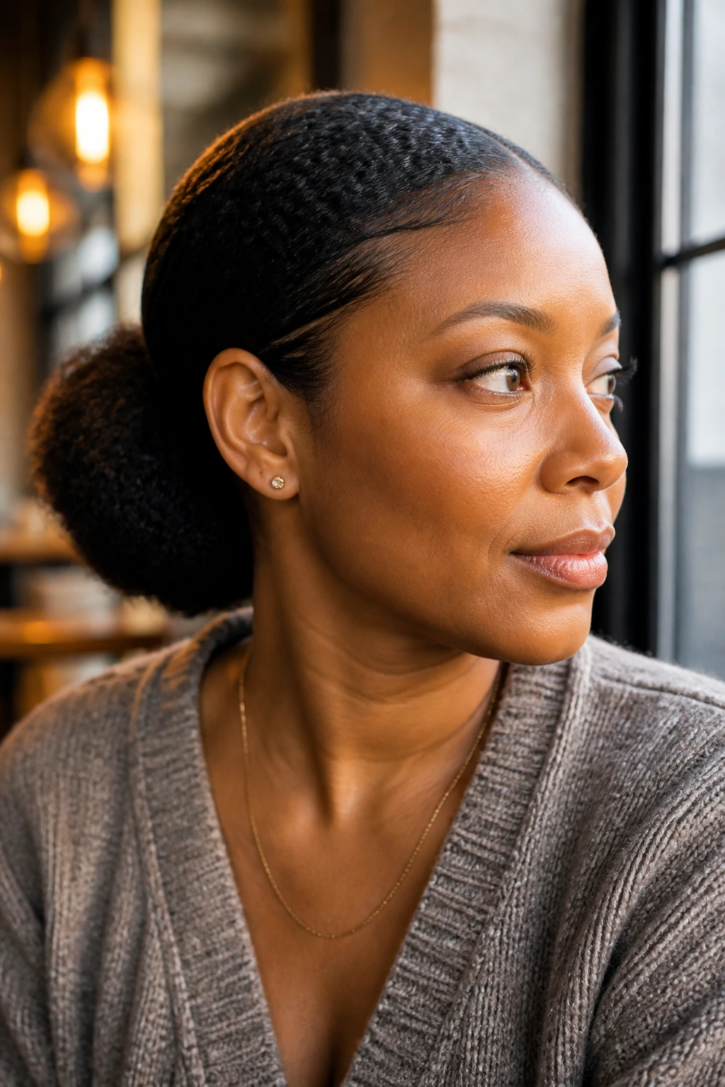 Close-up portrait of a Black woman with a low puff hairstyle