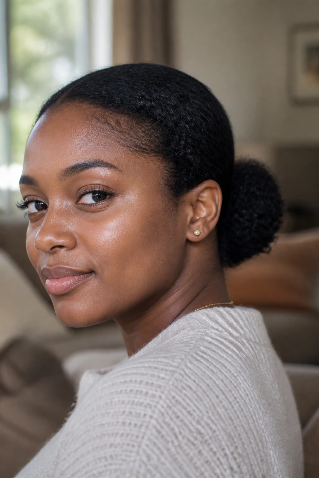 Portrait of a Black woman with a low puff.