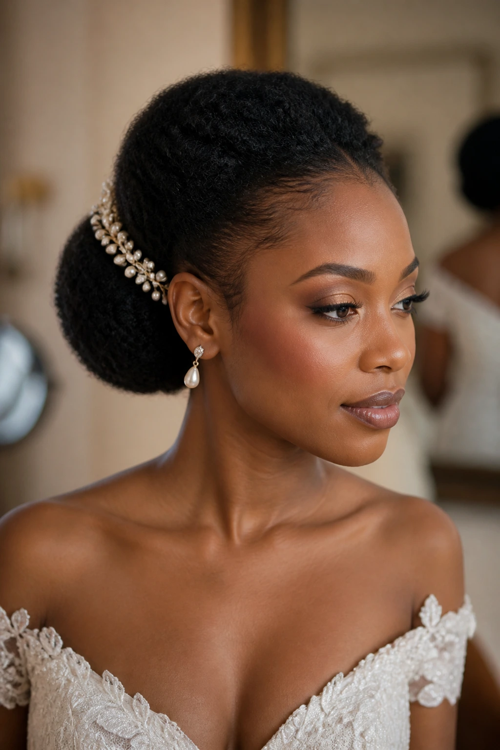 Bride with a low puff hairstyle and pearl pins