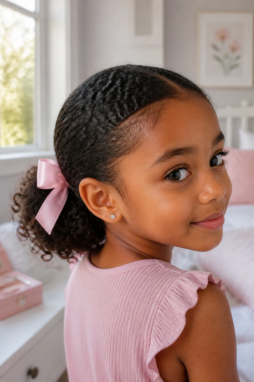 Child with a low puff and satin ribbon hairstyle.
