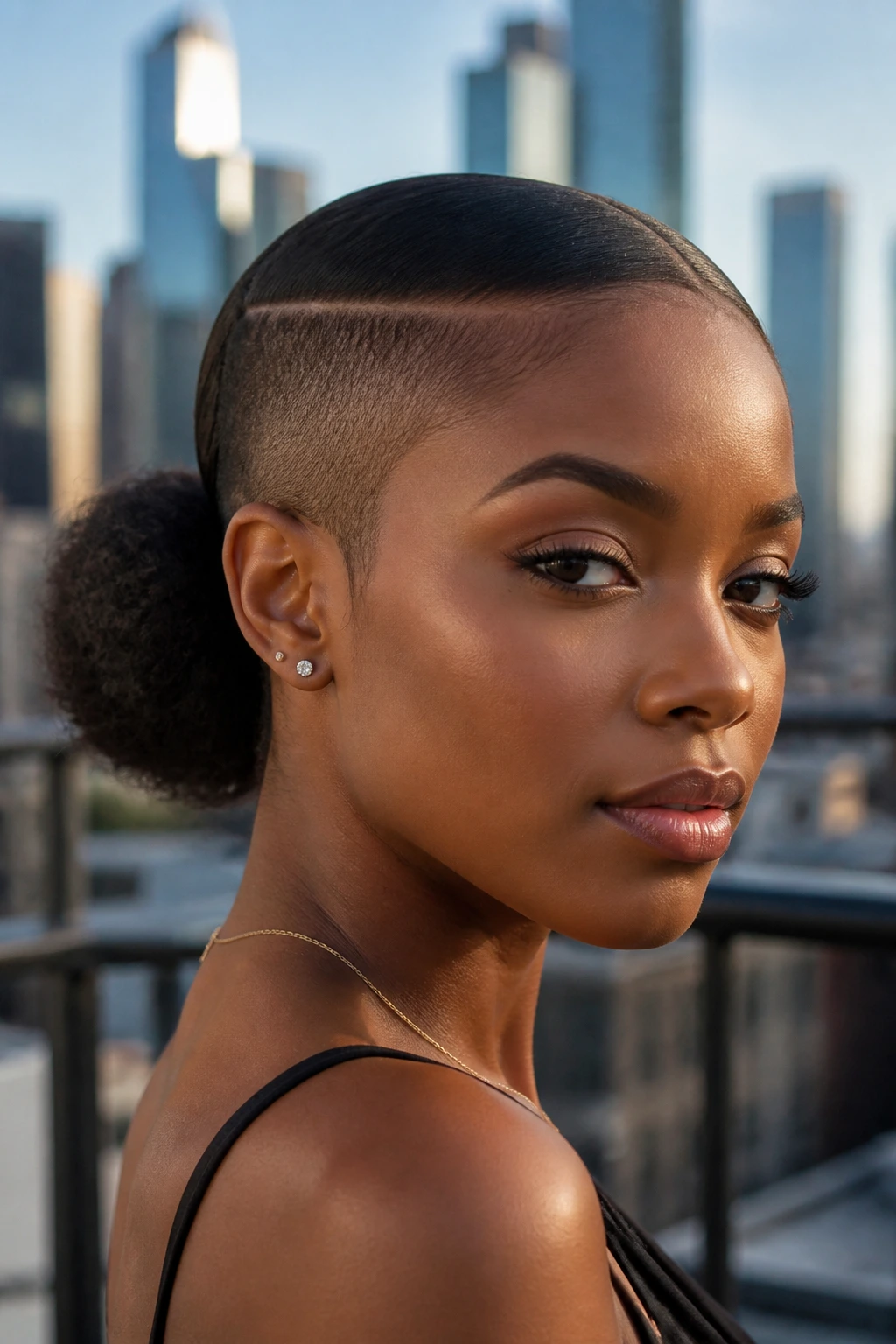Real woman with a sleek low puff and shaved side photographed outdoors.
