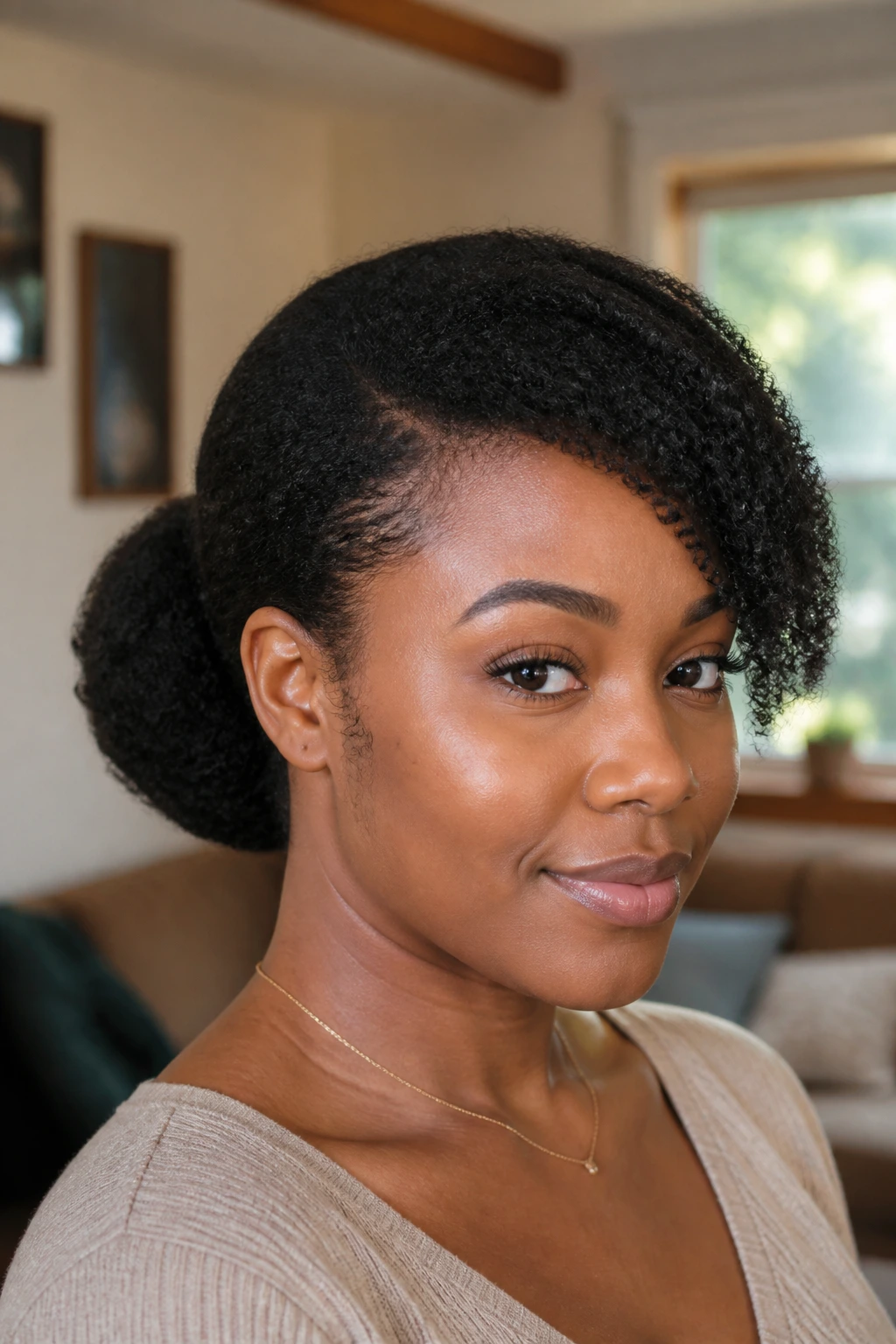 Close-up of a real woman with low puff and side sweep in cozy room