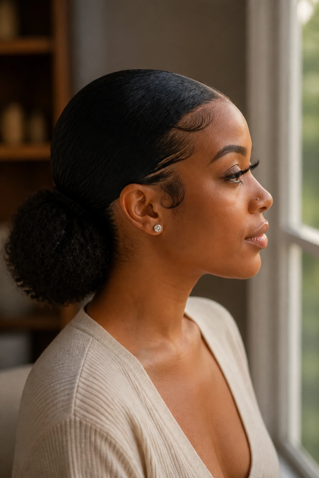 Portrait of a woman with a low puff and sleek hairline edges