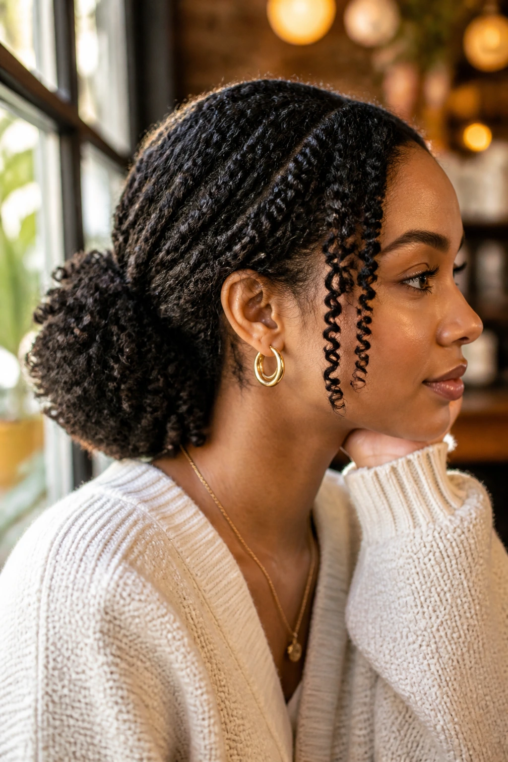 Close-up of a real woman with a low puff spring twists at the nape