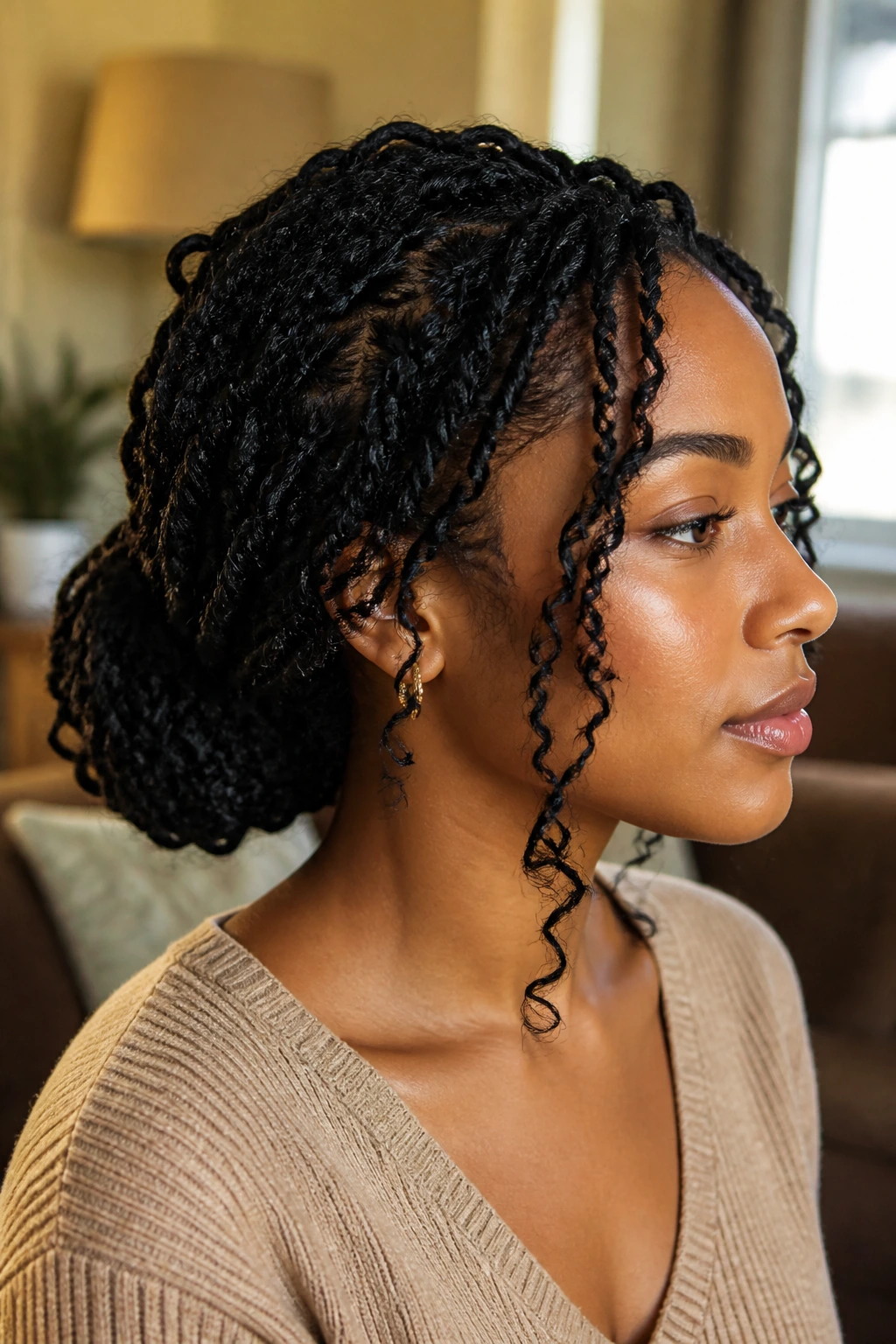 Close-up of a real woman with a soft low-puff passion twists updo at the nape
