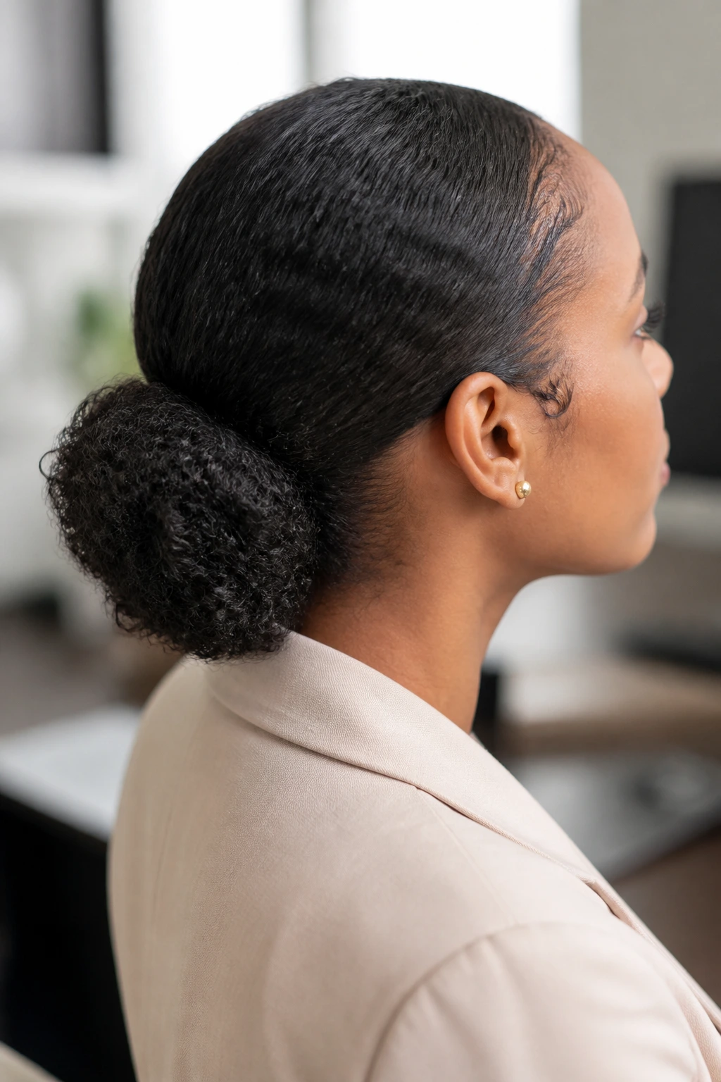 Three-quarter view of a woman with a low puff wrapped base at the back