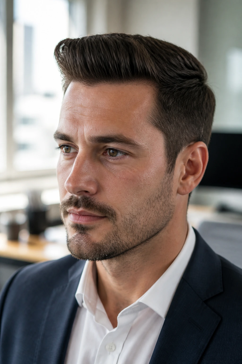 Close-up portrait of a man with a low quiff hairstyle in a softly lit office