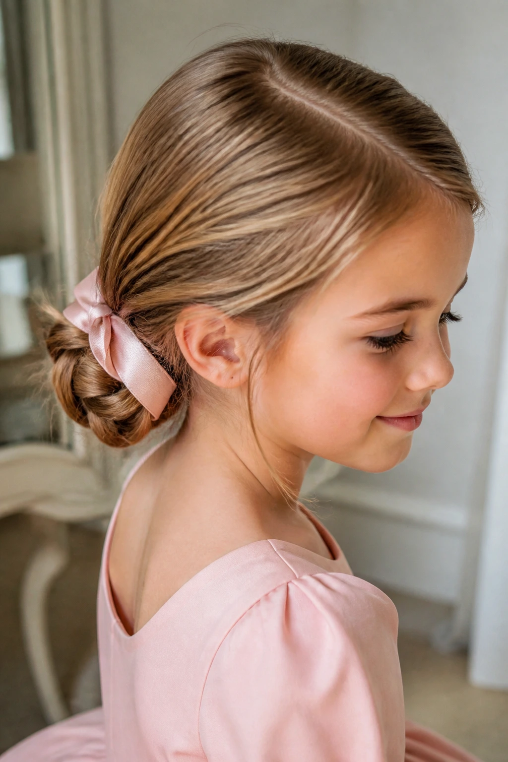 Close-up of a girl with a low chignon and ribbon at the nape