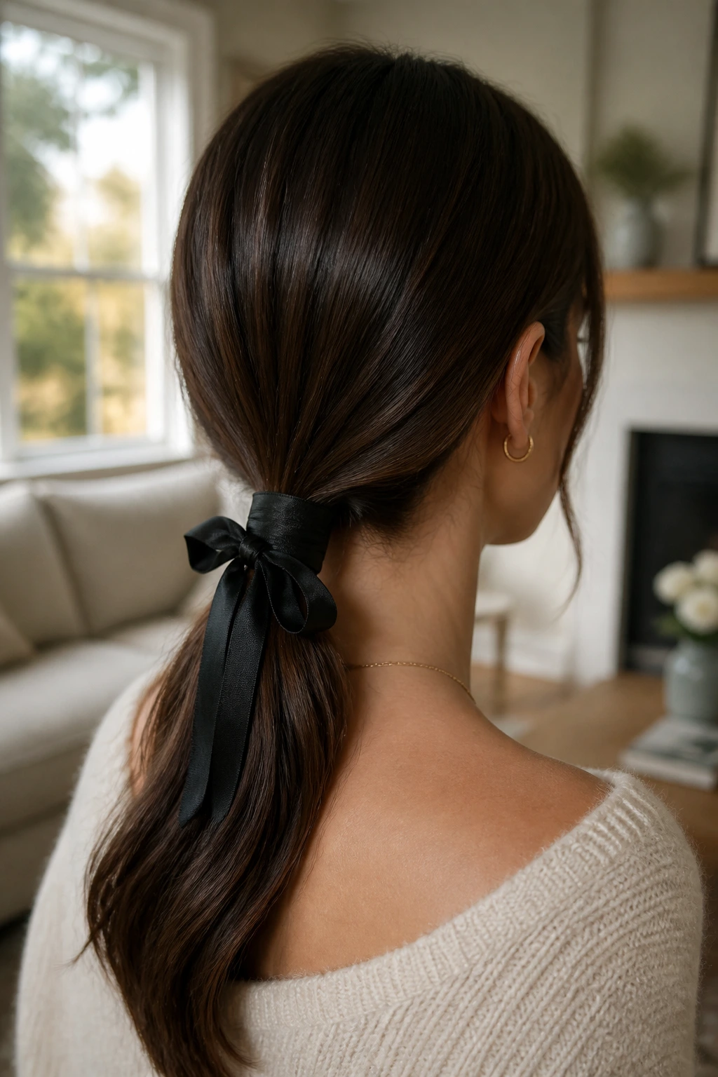 Three-quarter back portrait of a real woman with a low ribbon-tied ponytail.