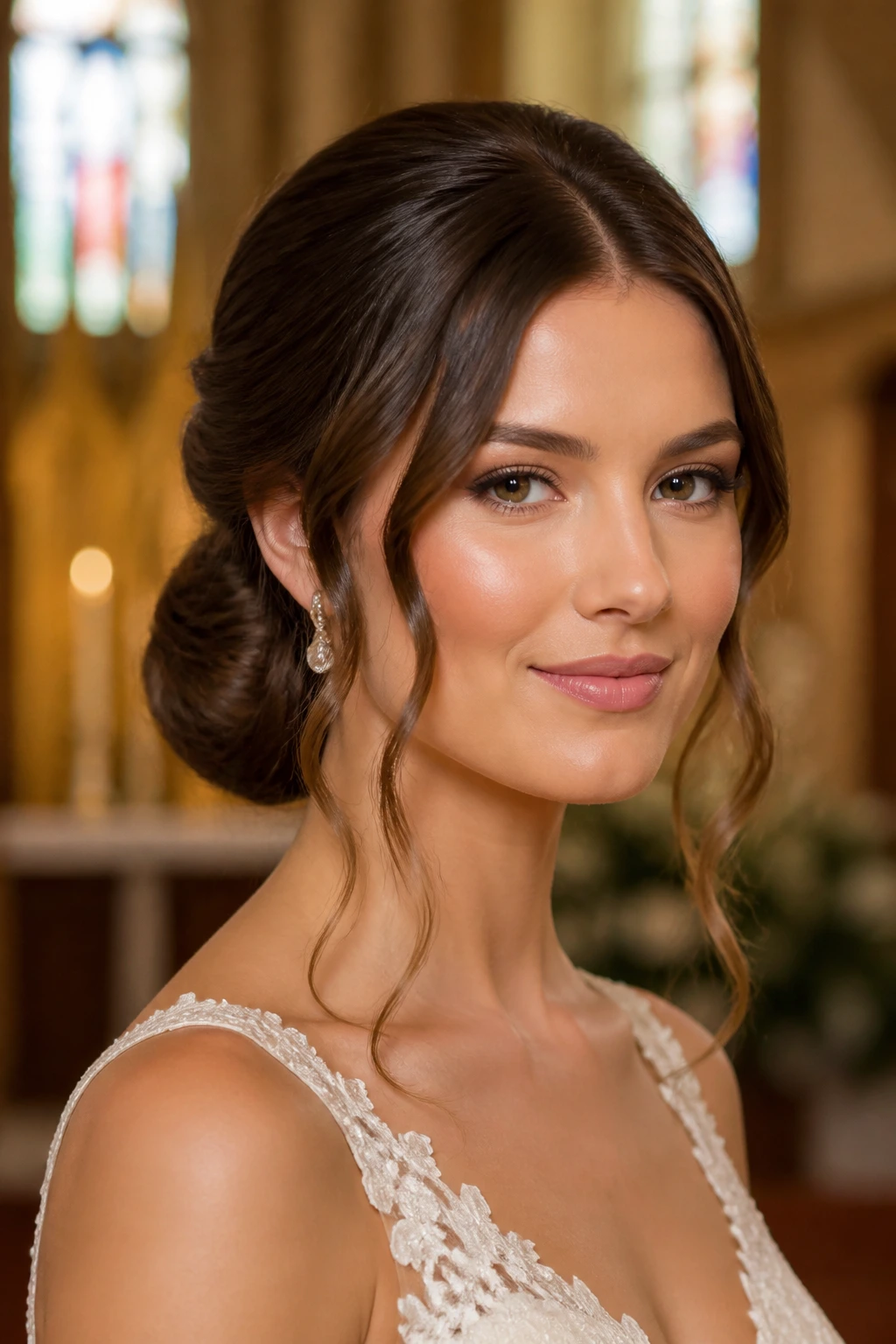 Close-up of a bride with a low roll chignon and tendrils