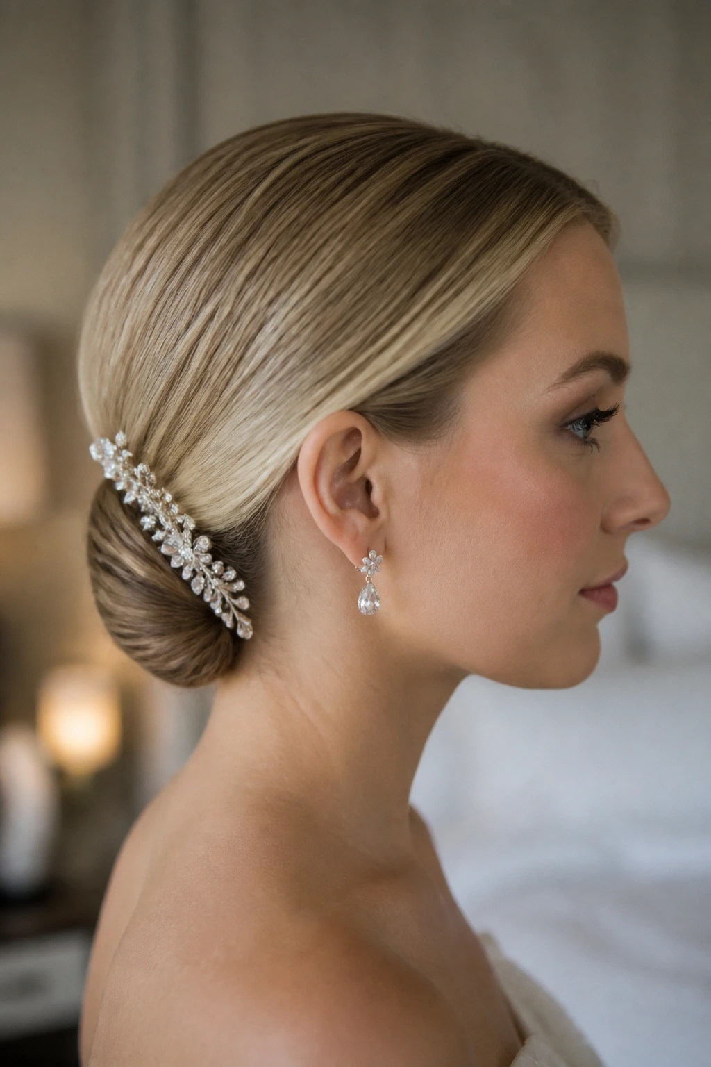 Close-up side profile of a real bride with a tucked low roll and crystal pins at the nape.