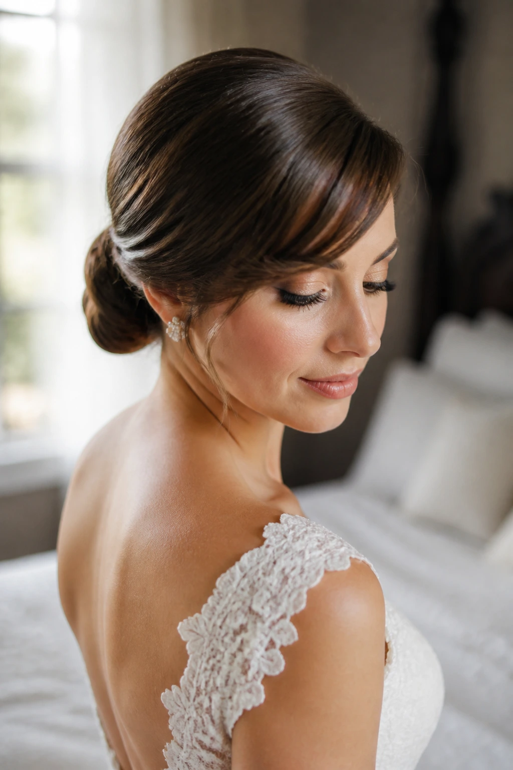 Close-up of a real bride with smooth low roll and side-swept fringe