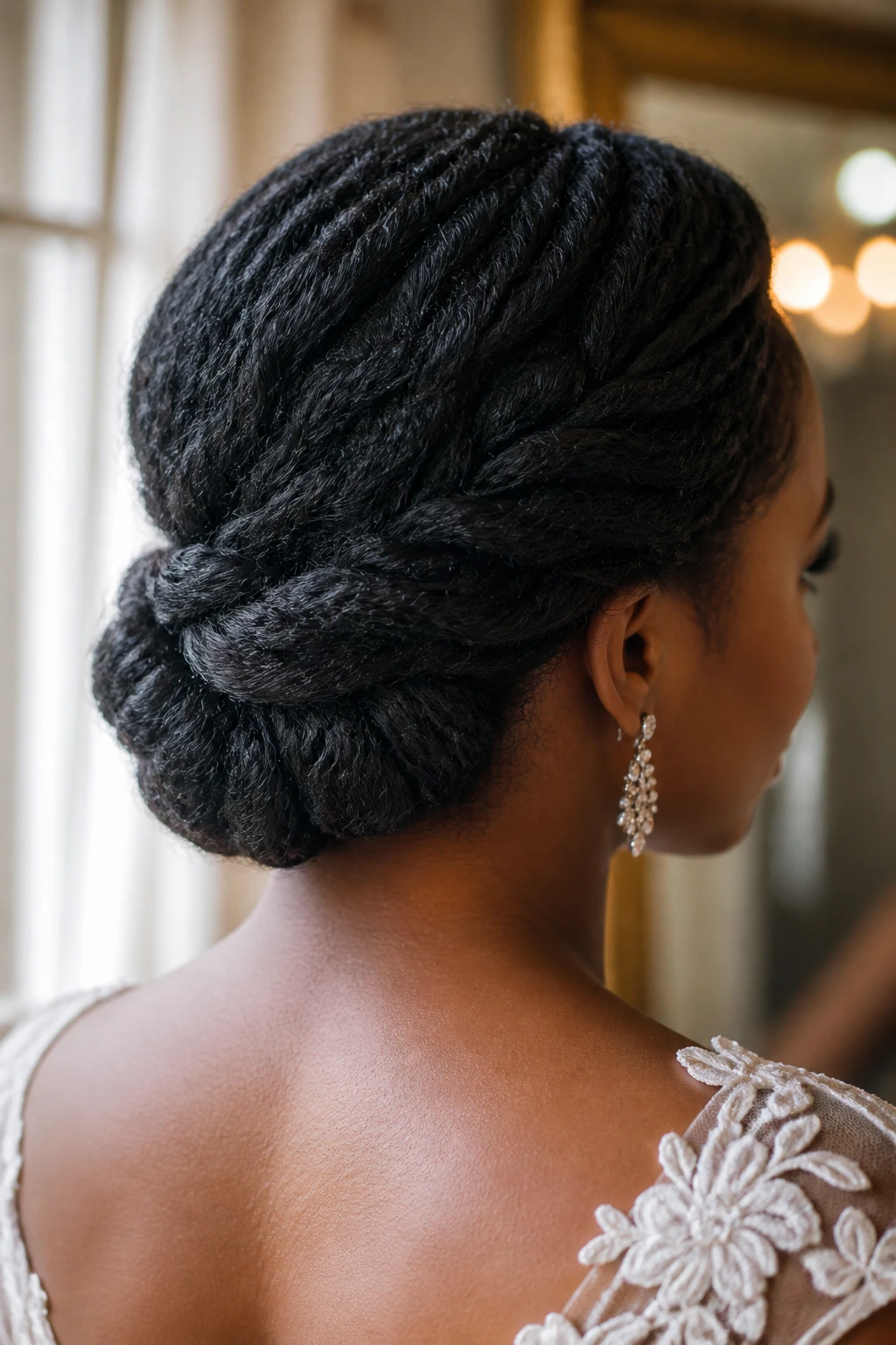 Side/back view of a real woman showing a textured low roll and tuck at the nape