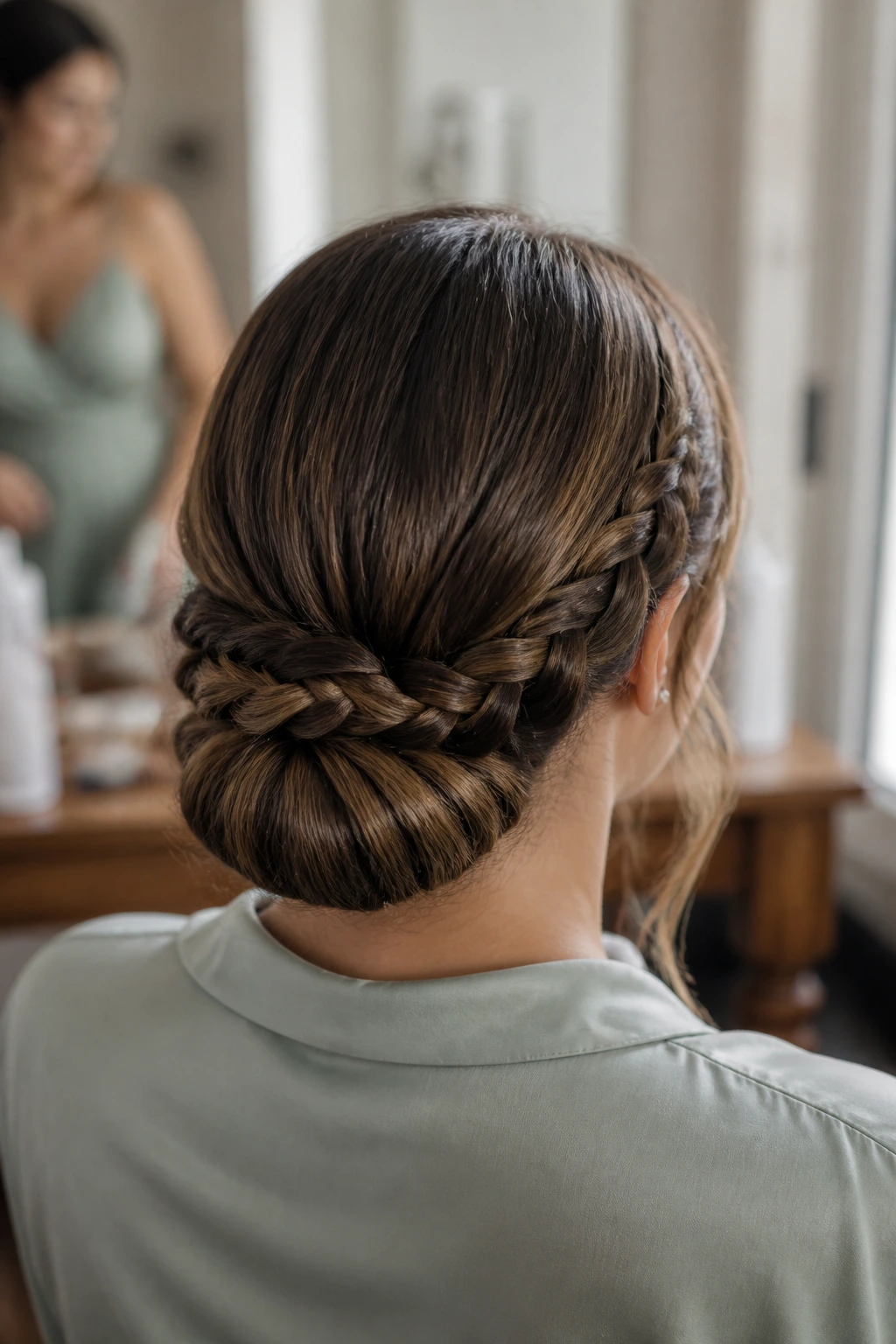 Back-view of a real person with a low rolled bun and braided detail