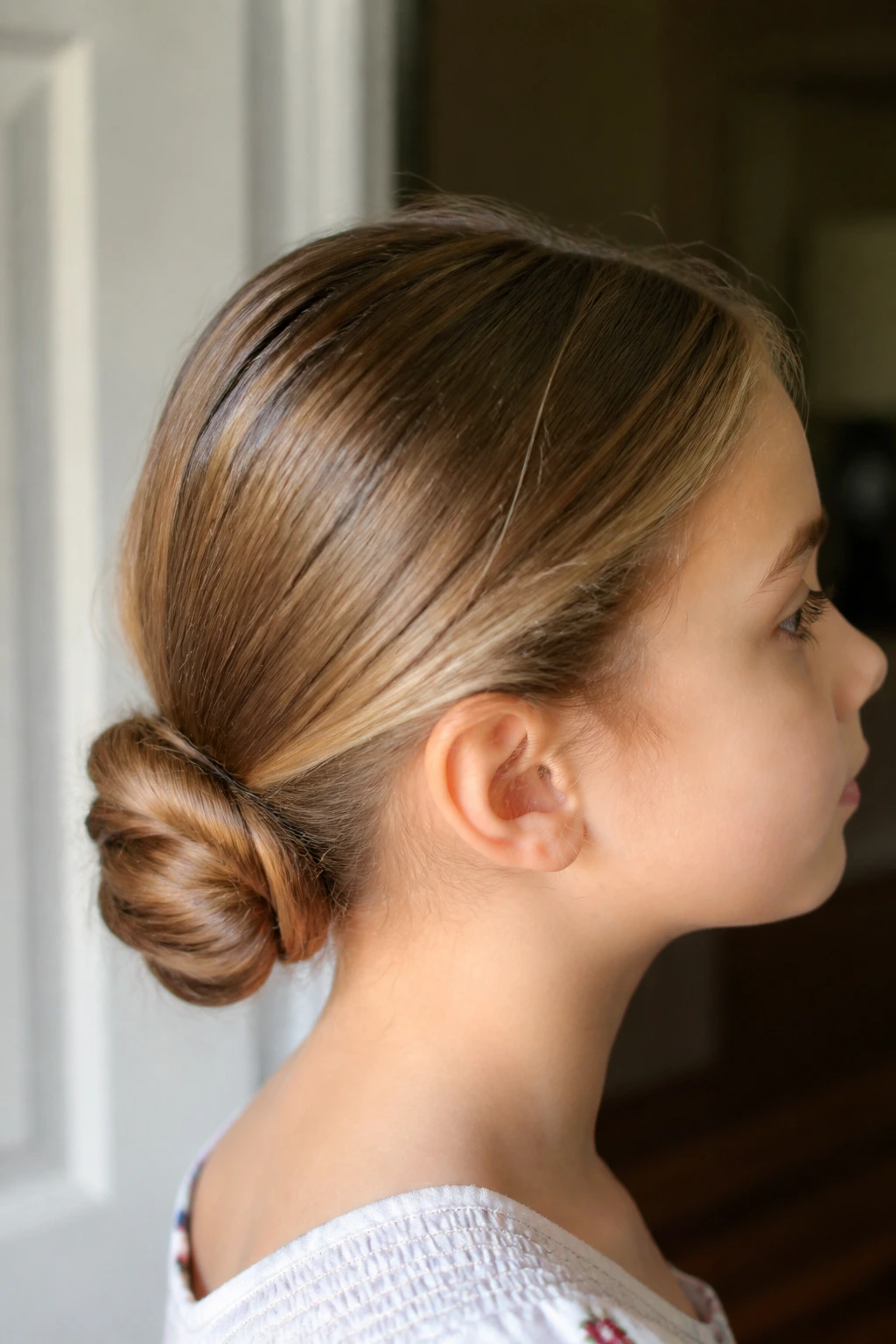 Close-up of a child with a low rolled bun at the nape