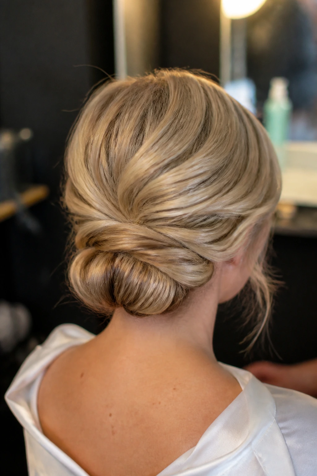 Close-up of a bride showing a low rolled chignon with clip-in fillers.