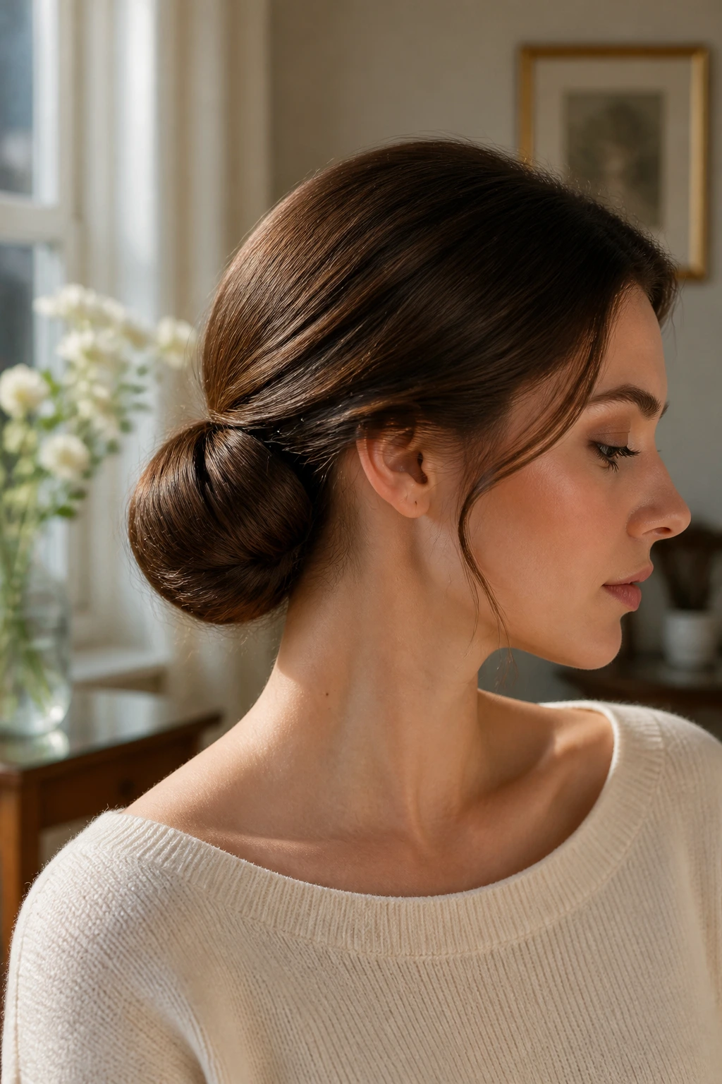 Close-up of a real woman with a low rolled chignon at the nape