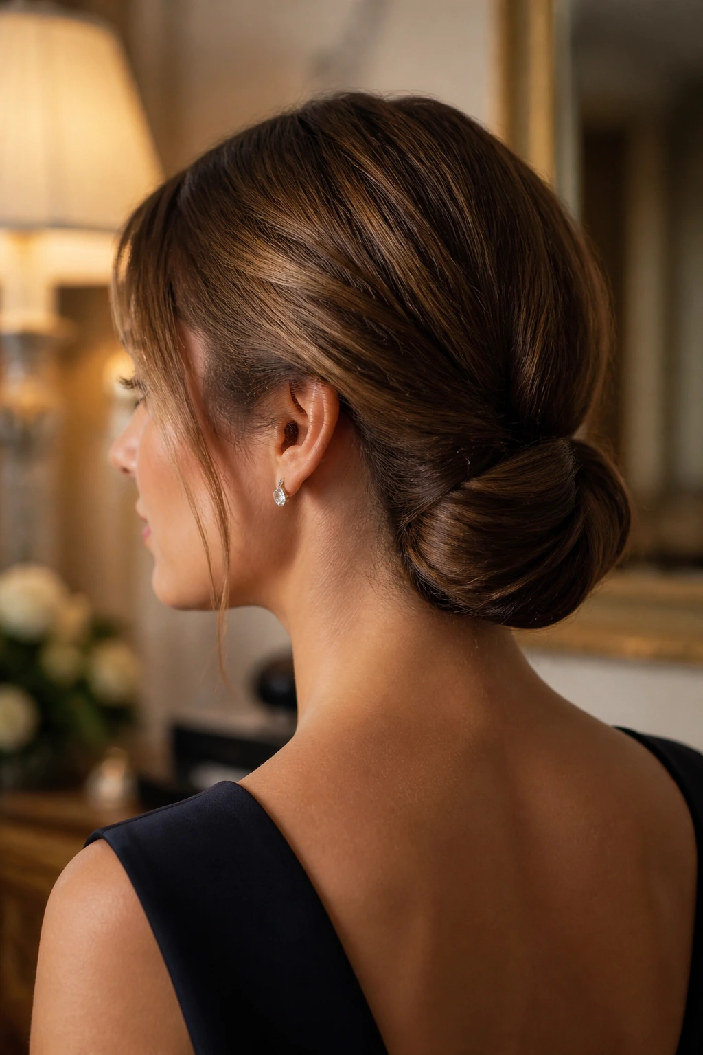 Close-up of a real person with a low rolled chignon at the nape