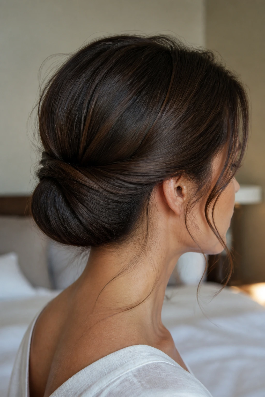 Close-up portrait of a real woman with a low rolled tuck hairstyle