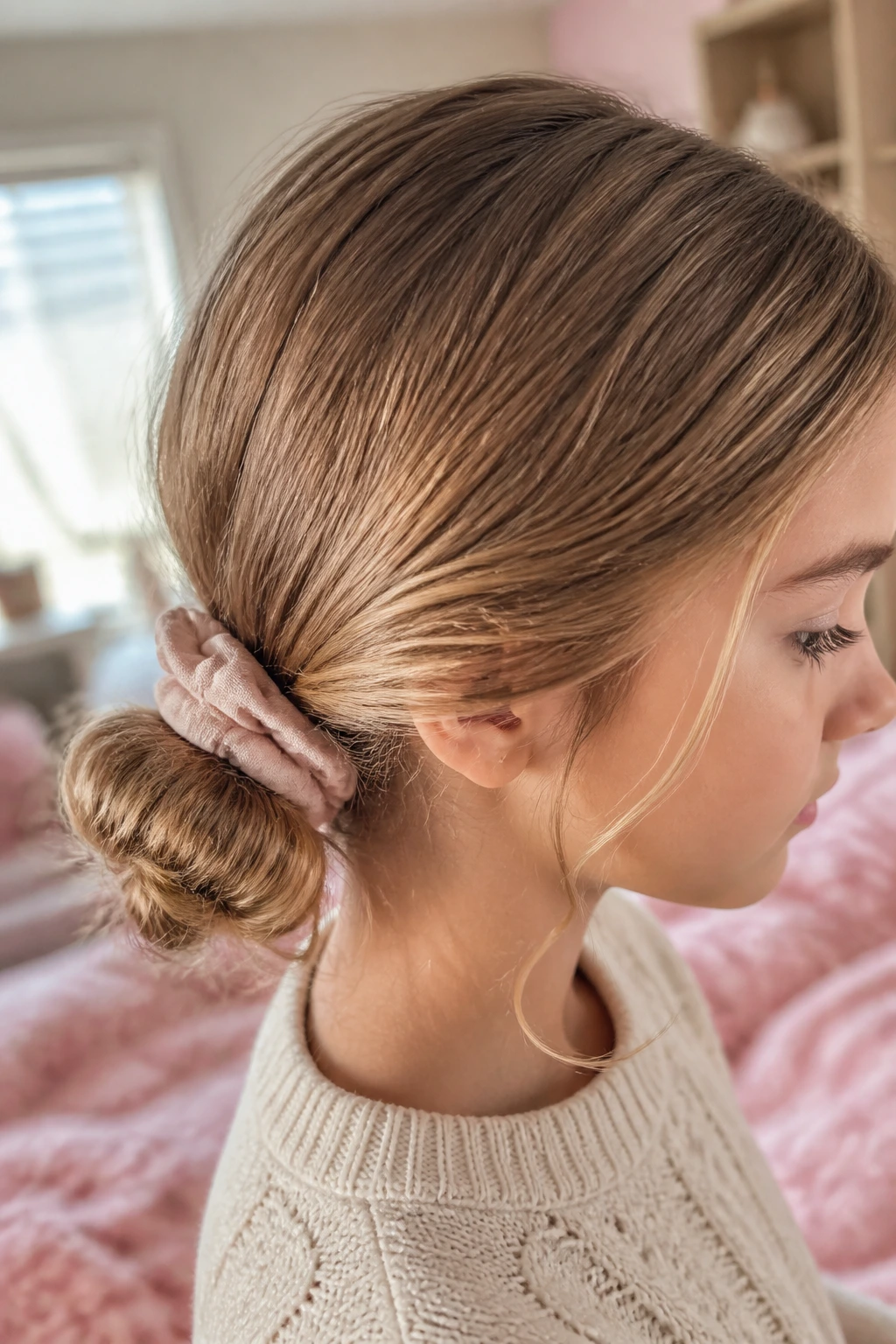 Child with a low bun secured by a soft scrunchie.