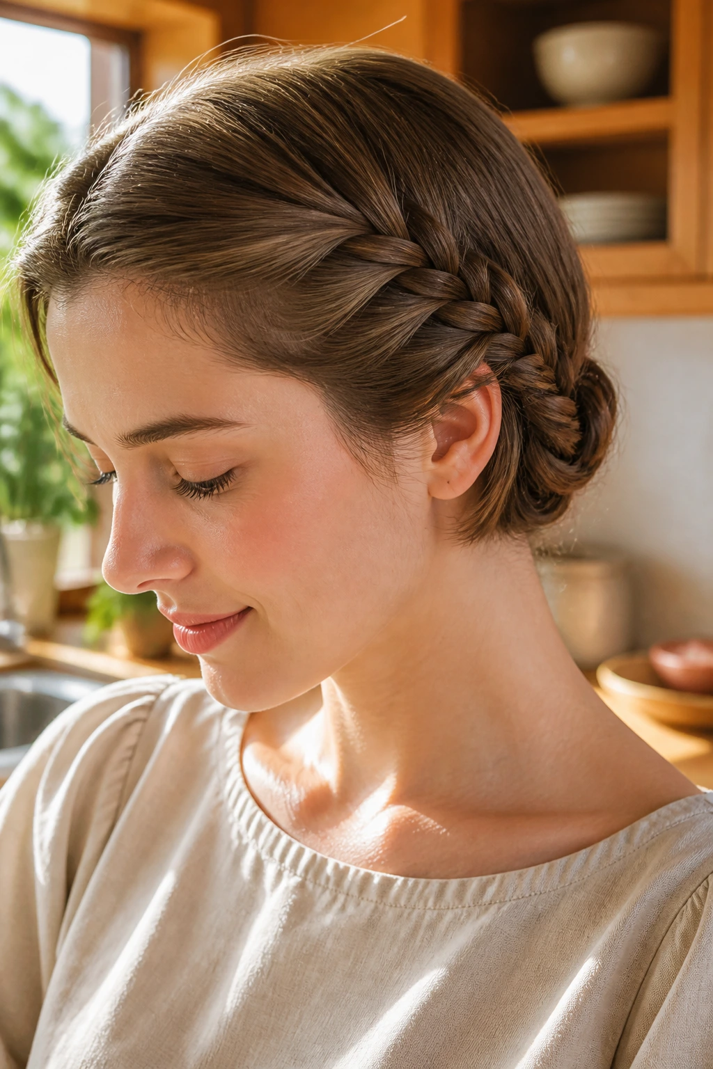 Close-up of real woman with a low side braid tucked at nape of short bob