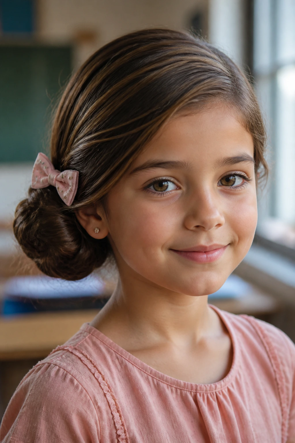 Close-up of a real girl with a low side bun and decorative clip