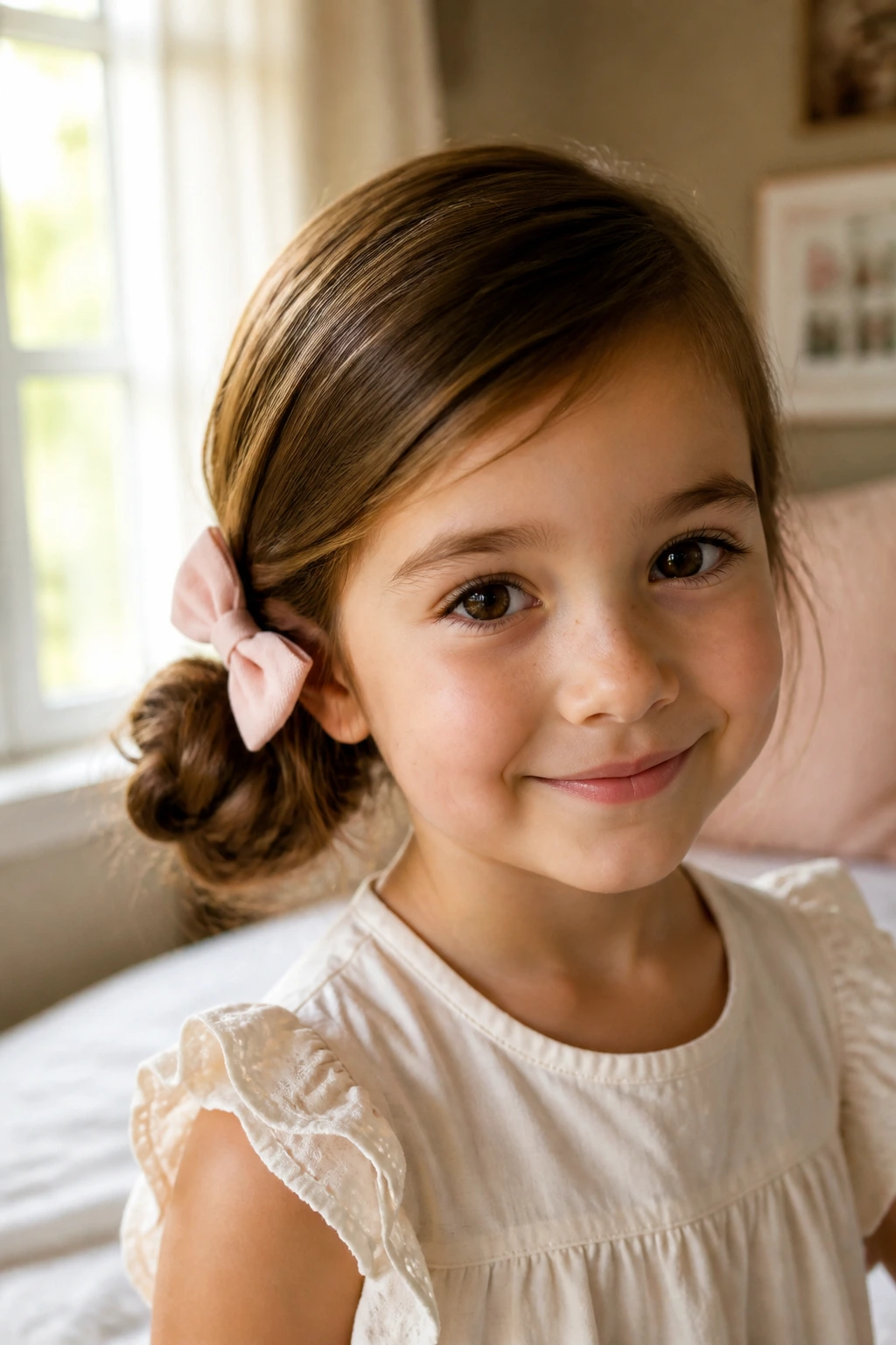 Close-up of a young girl with a low side bun and bow in soft window light
