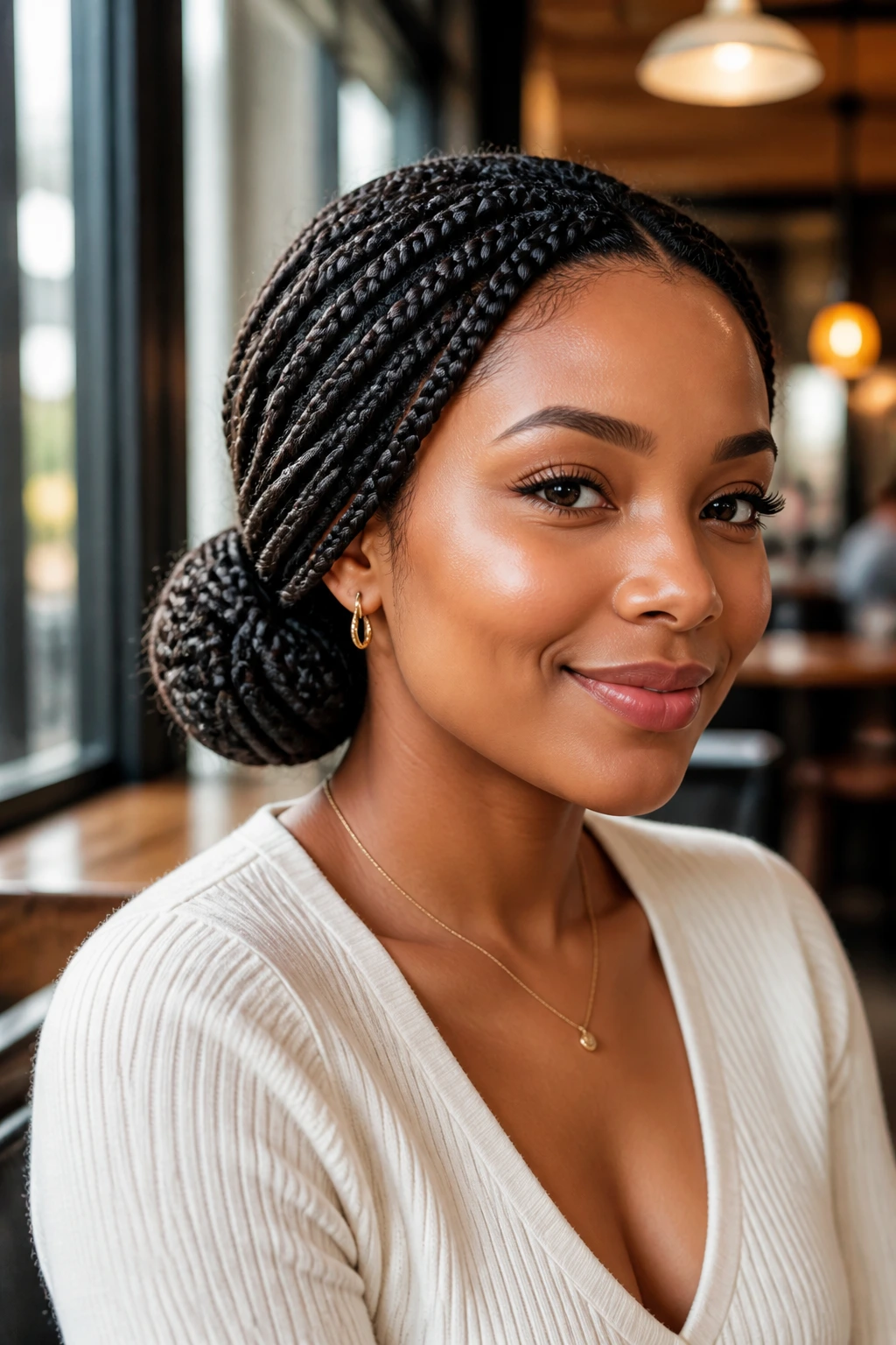 Close-up of a real person with a low side bun near the ear