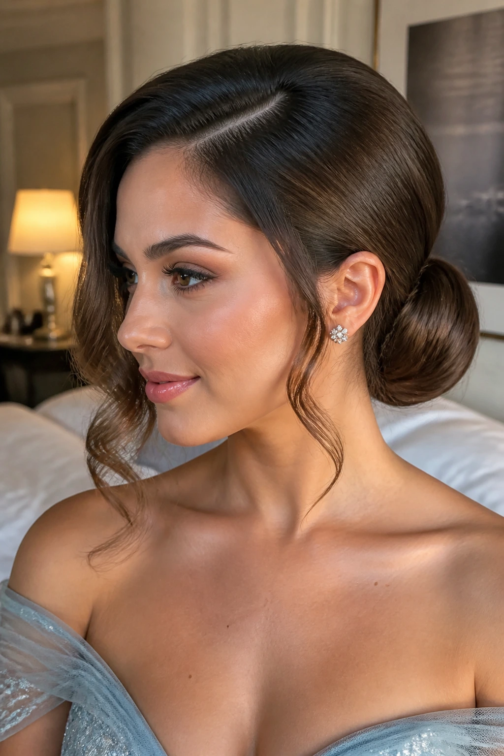 Close-up of a real woman with a deep-part low side bun