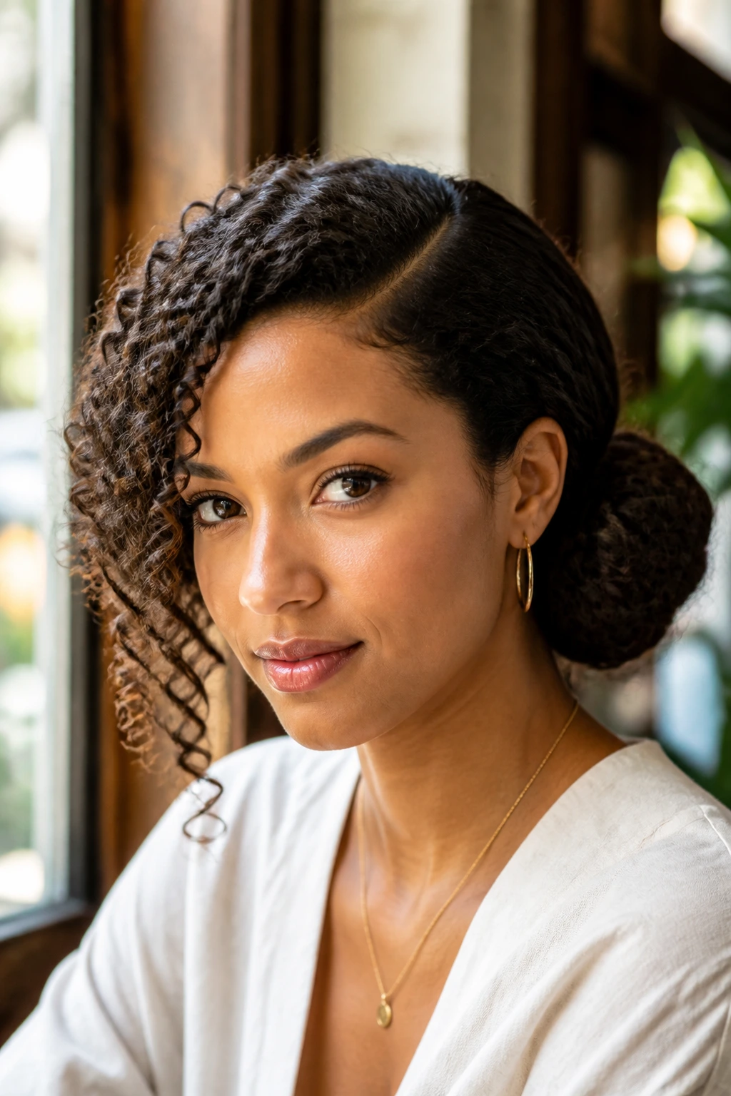 Portrait of a woman with a deep part and low side bun behind the ear.