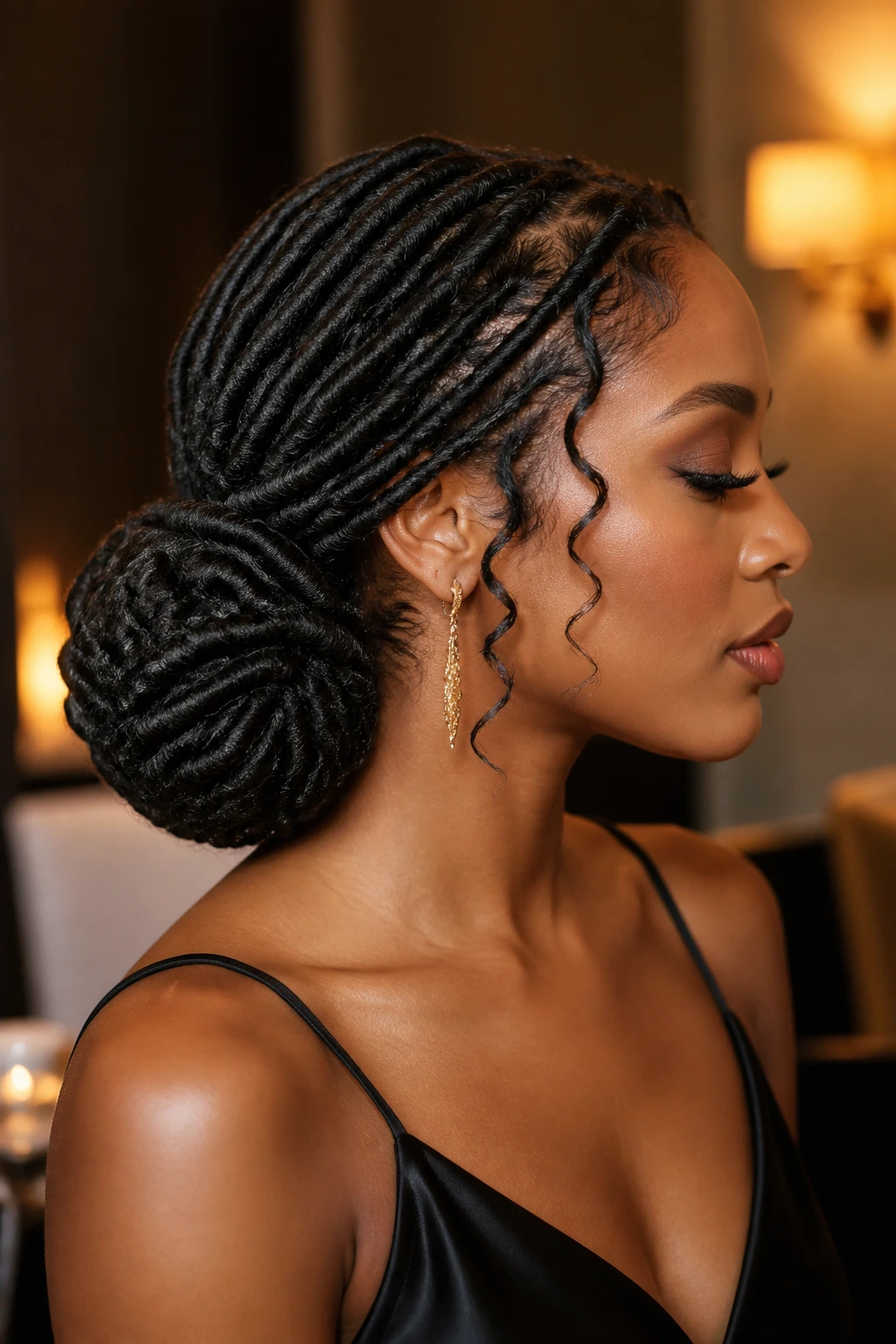 Profile shot of a woman with a low side bun goddess locs behind one ear