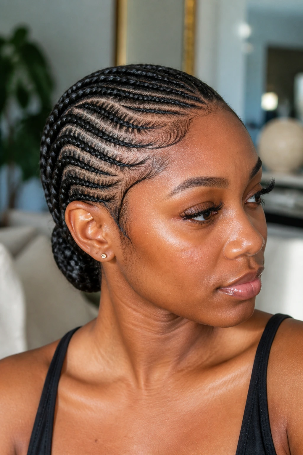 Woman with side cornrows leading to a low side bun tucked under the braids