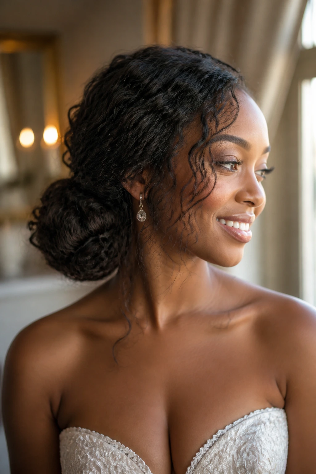 Bride with a low side bun and textured tendrils