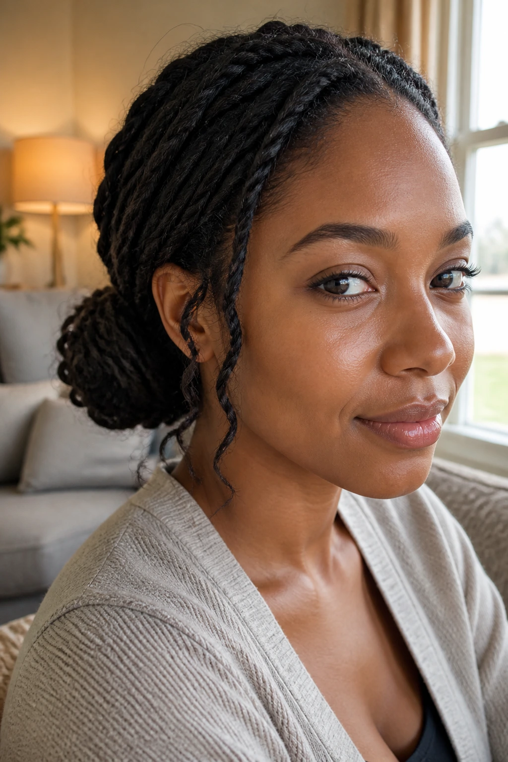 Close-up of real person with a loose low side bun twist