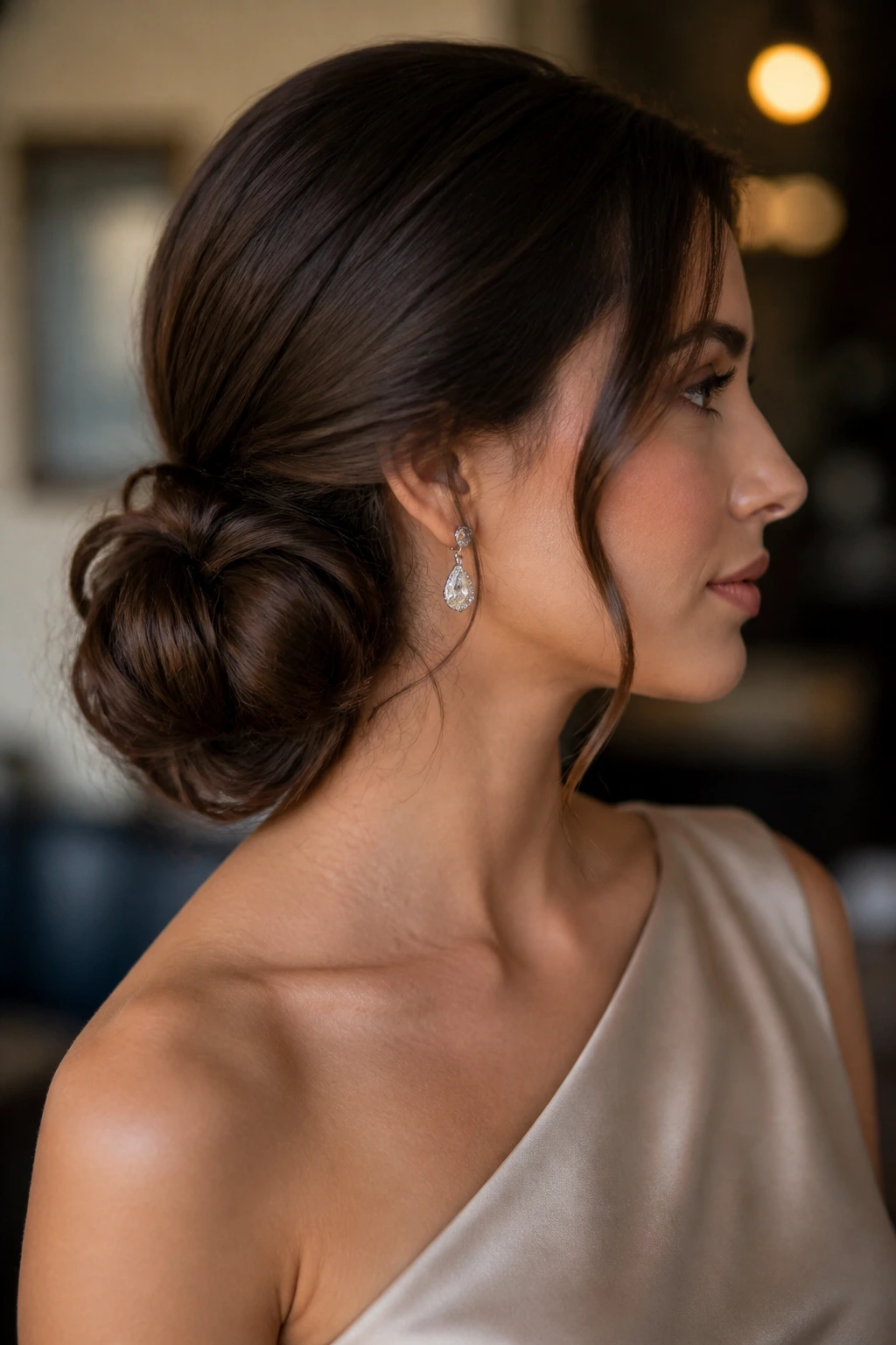Close-up profile of a real woman wearing a low side bun