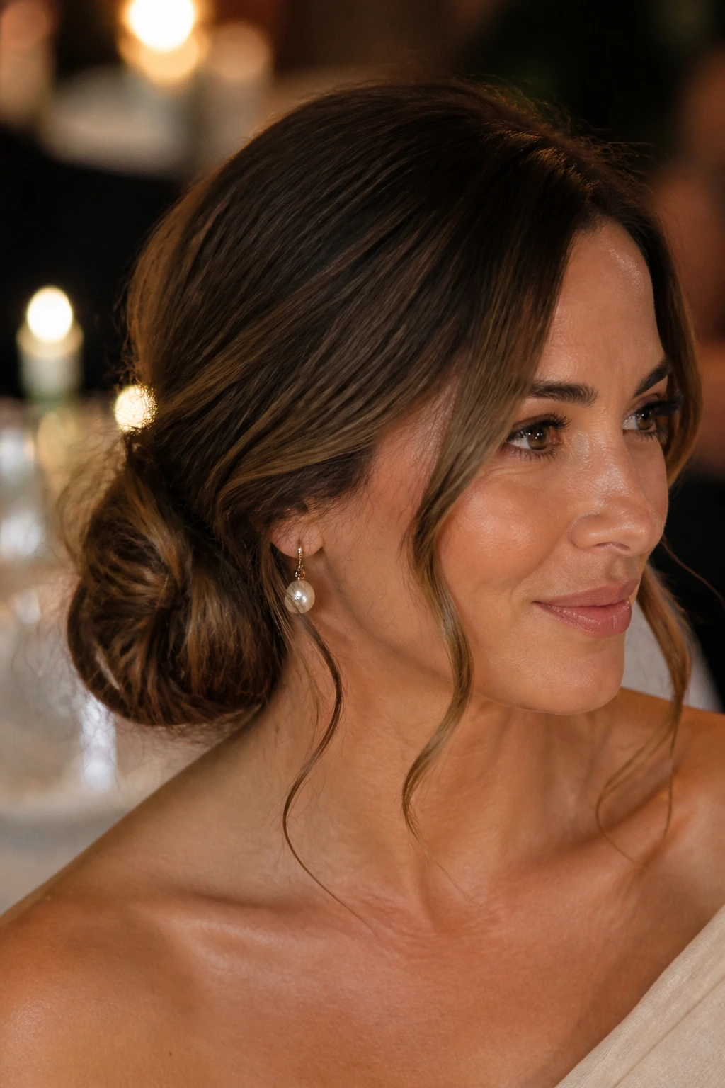 Close-up of a woman with low side chignon and tendrils at dinner
