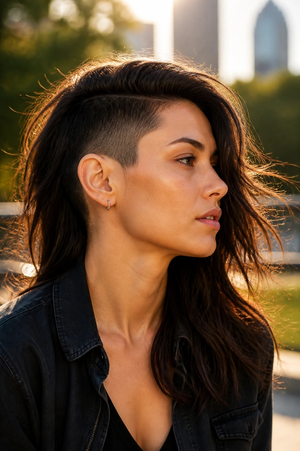Close-up of a real woman with a low side fade and long layers