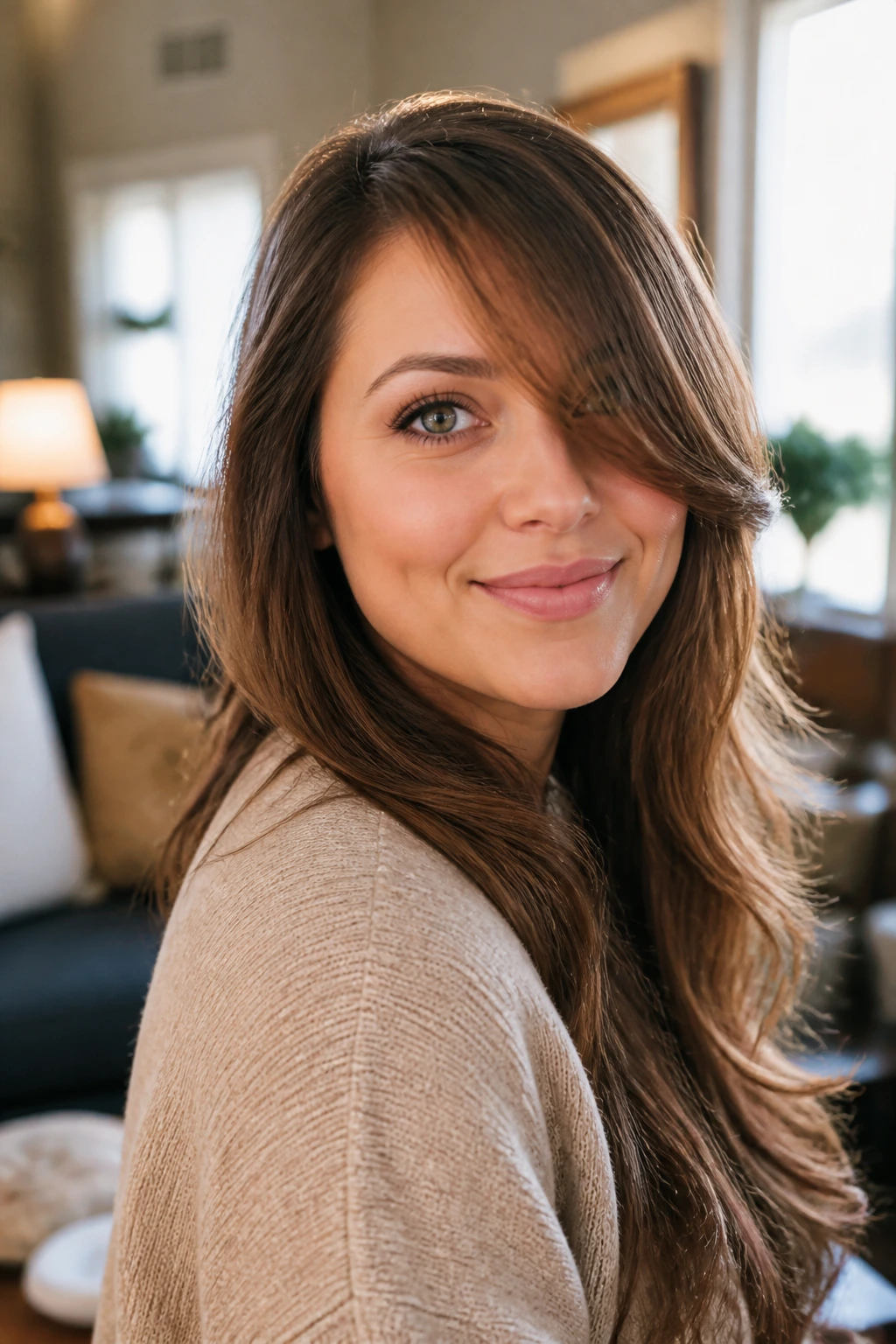 Close-up of a real woman with a low side part and long sweeping bangs