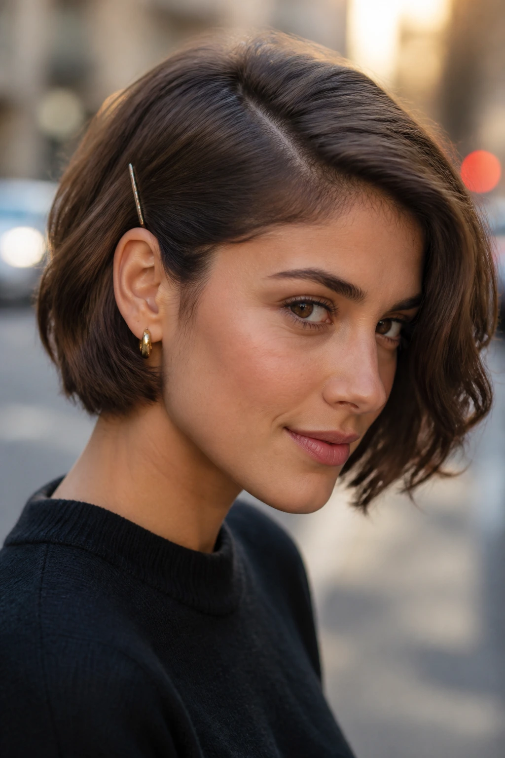 Close-up of a real woman with a low side pin sweep hairstyle.
