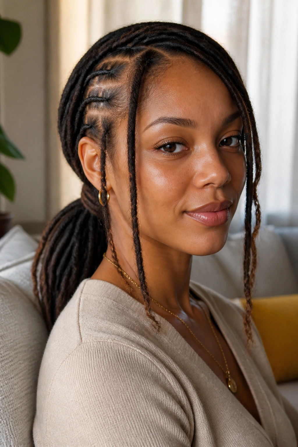 Portrait of a real woman with a deep side part and low side pony with face-framing locs.